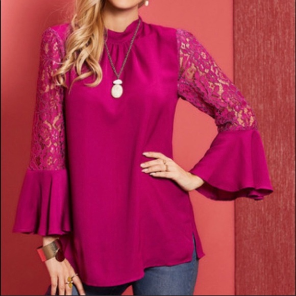 Suzanne Betro / Magenta Lace Trim Mock Neck Trumpet Sleeve Blouse - Picture 2 of 5